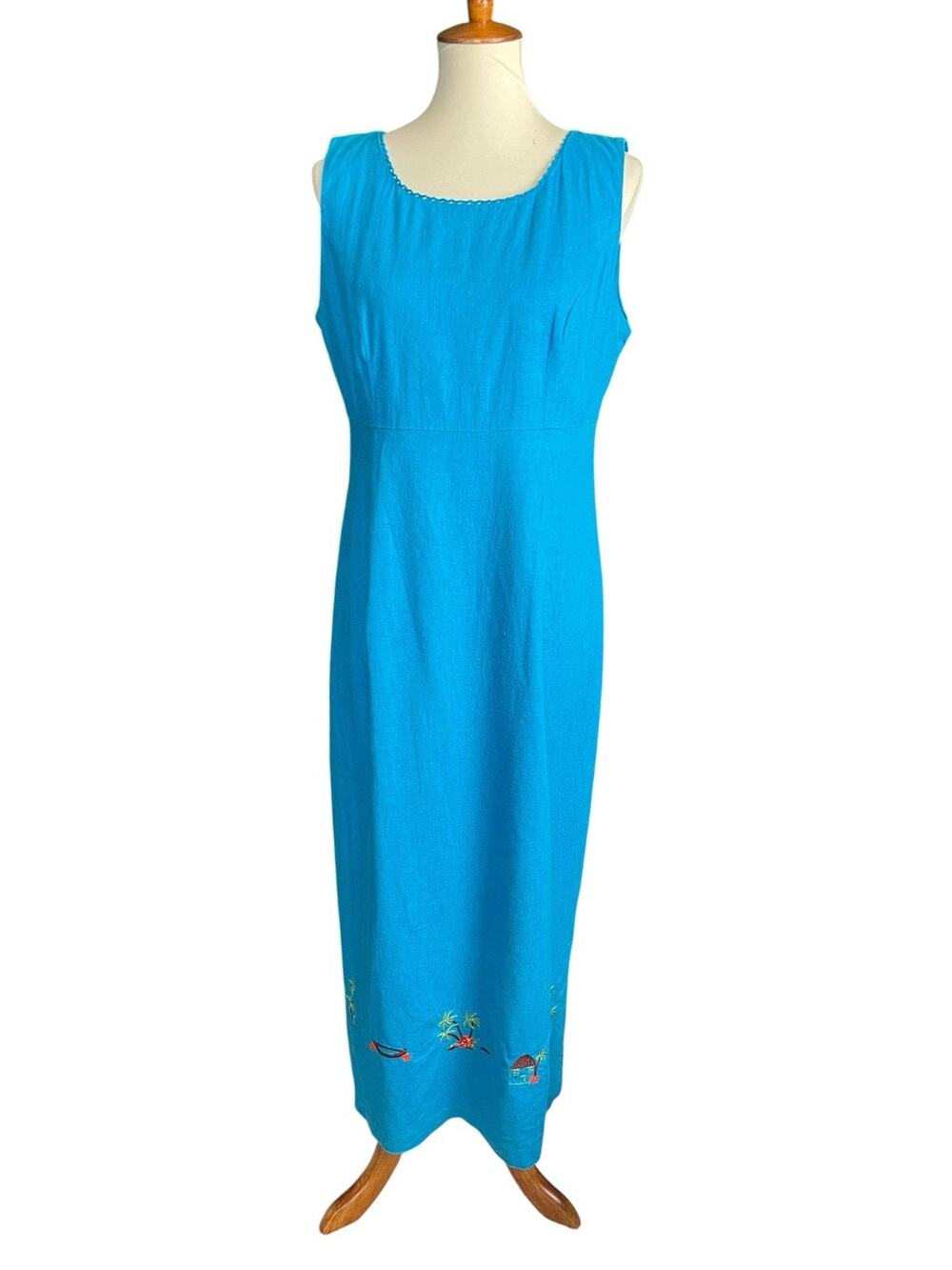 Sag Harbor Blue Linen Dress Women Size 12 Sleeveless Long Sheath Embroidered